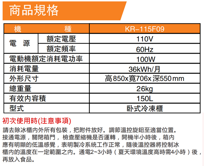 商品規格種KR-115F09額定電壓110V電源額定頻率60Hz電動機額定消耗電功率100W消耗電量36kWh/月外形尺寸高850x寬706x深550mm總重量26kg有效内容積150L型式卧式冷凍櫃初次使用時(注意事項)請去除冰櫃外所有包裝,把附件放好。調節溫控旋鈕至適當位置。接通電源,關閉箱門,檢查壓縮機是否運轉,開機半小時後,箱內應有明顯的低溫感覺,表明製冷系統工作正常,隨後溫控器將控制冰櫃內的溫度在一定範圍之內。通電2~3小時(夏天環境溫度高時需4小時)後,再放入食品。
